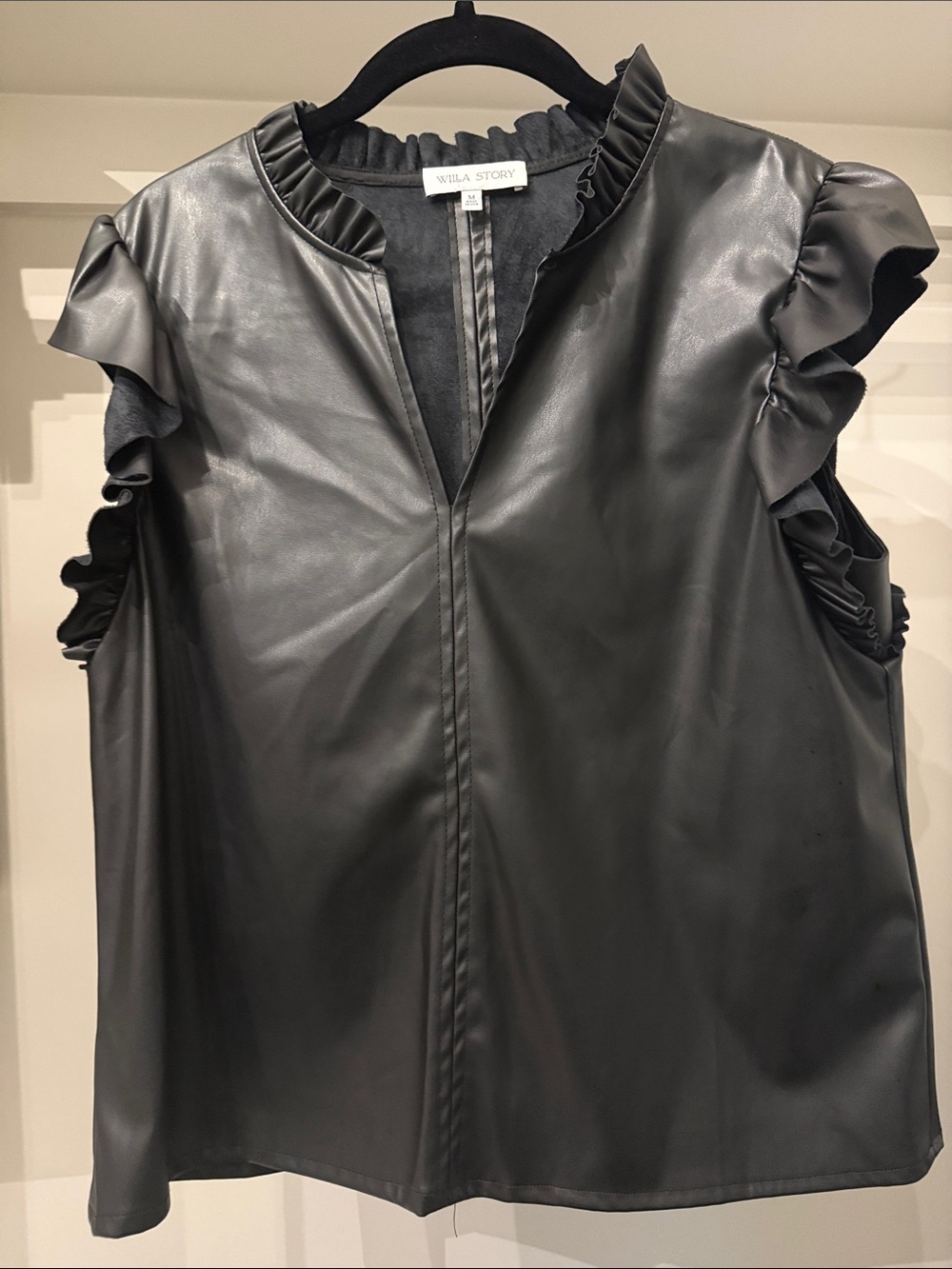 Willa Story Black Faux Leather Ruffle Sleeve Vest